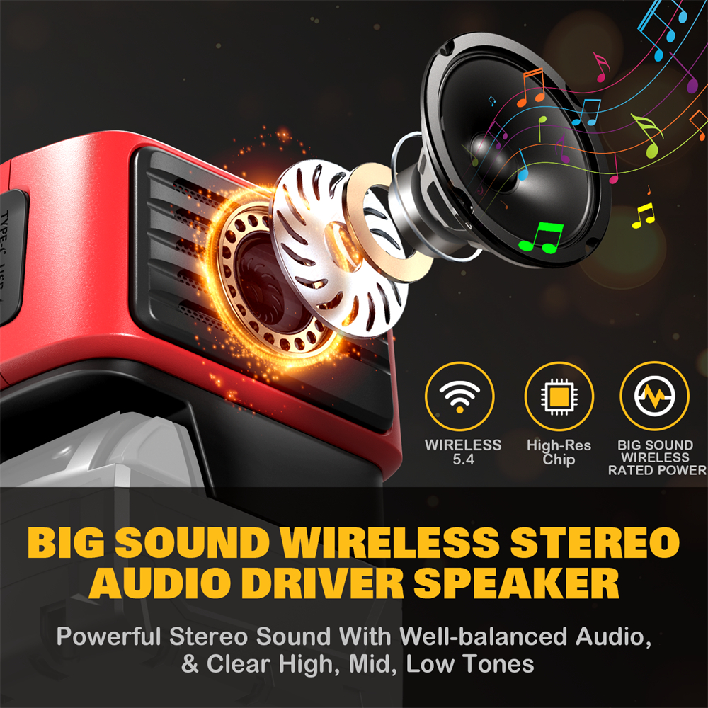 Auracst Cordless Bluetooth Jobsite Speaker Compatible for DeWalt Milwaukee Makita Bosch Battery