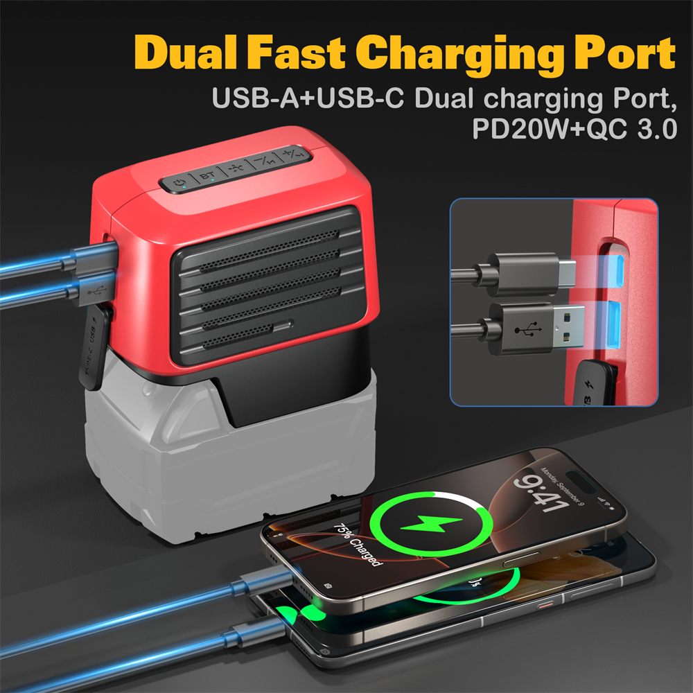 Auracst Cordless Bluetooth Jobsite Speaker Compatible for DeWalt Milwaukee Makita Bosch Battery
